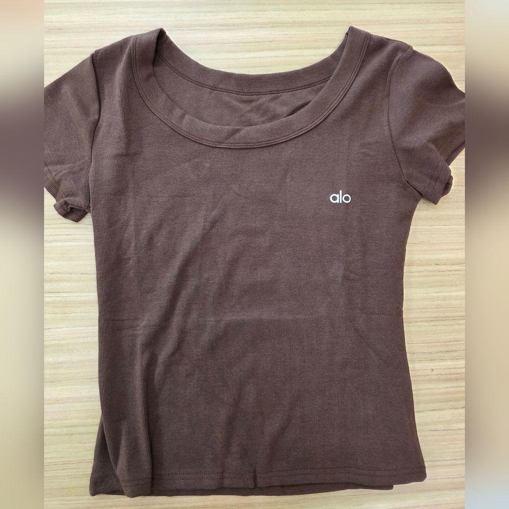 ALO Yoga Short Sleeve Ribbed Scoop Tee in Brown
